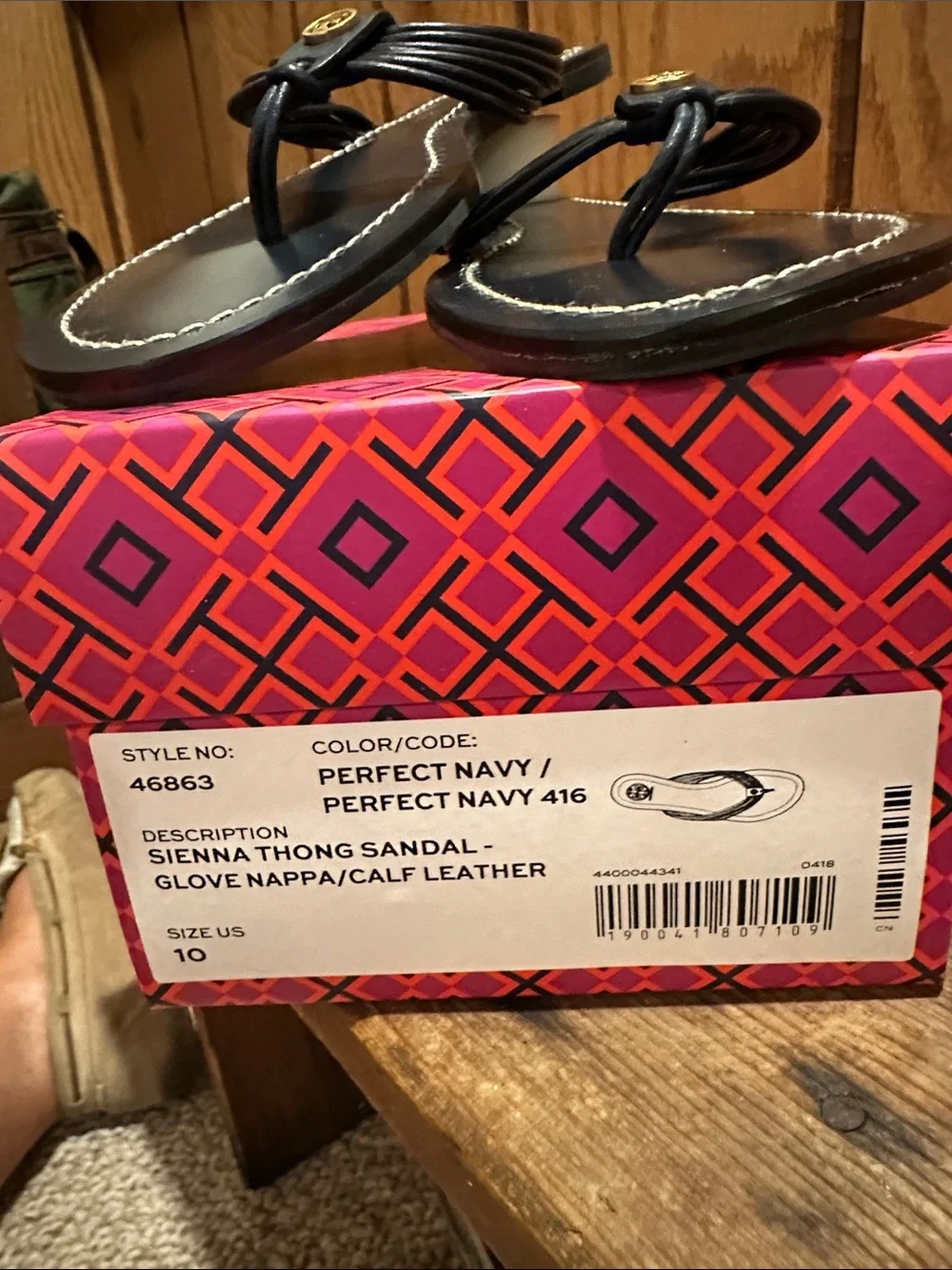 Tory Burch Navy Leather Toe-Post Sandals with Gold Logo